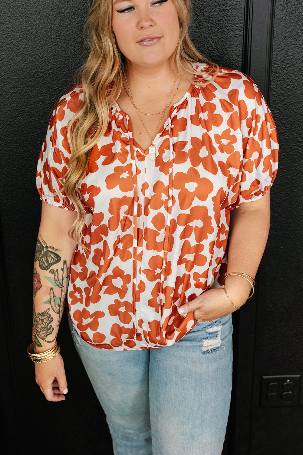 Orange Big Flower V Neck Short Sleeve Blouse