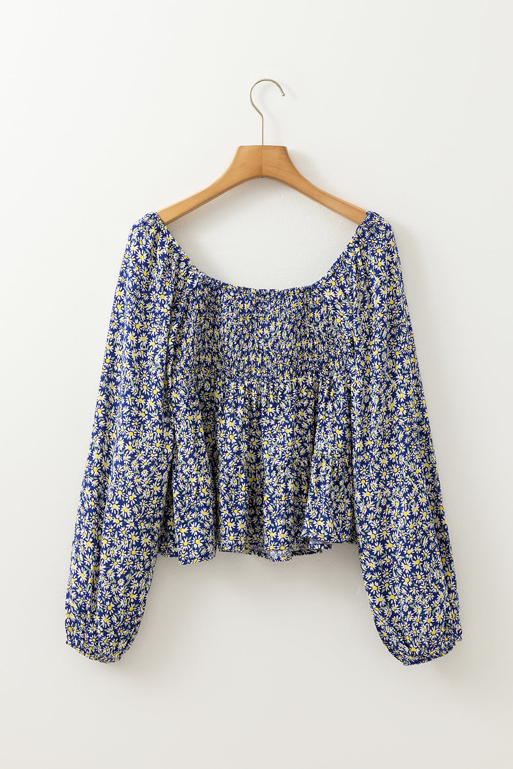 Blue Floral Smocked Square Neck Loose Fit Long Sleeve Blouse