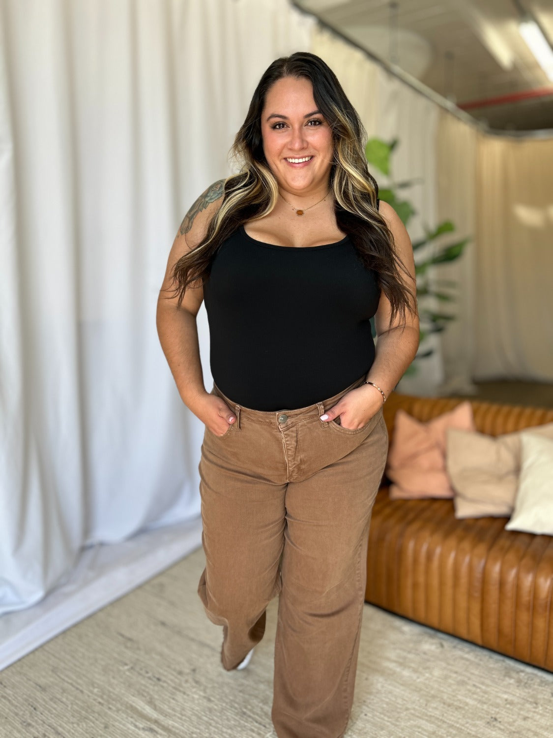 Brown Plus Size High Rise Wide Leg Jeans