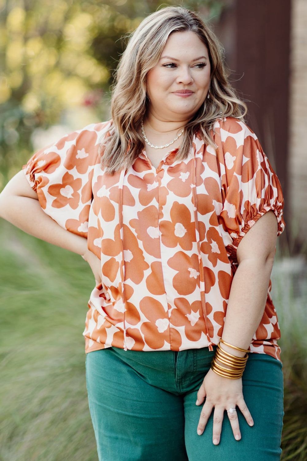 Orange Big Flower V Neck Short Sleeve Blouse