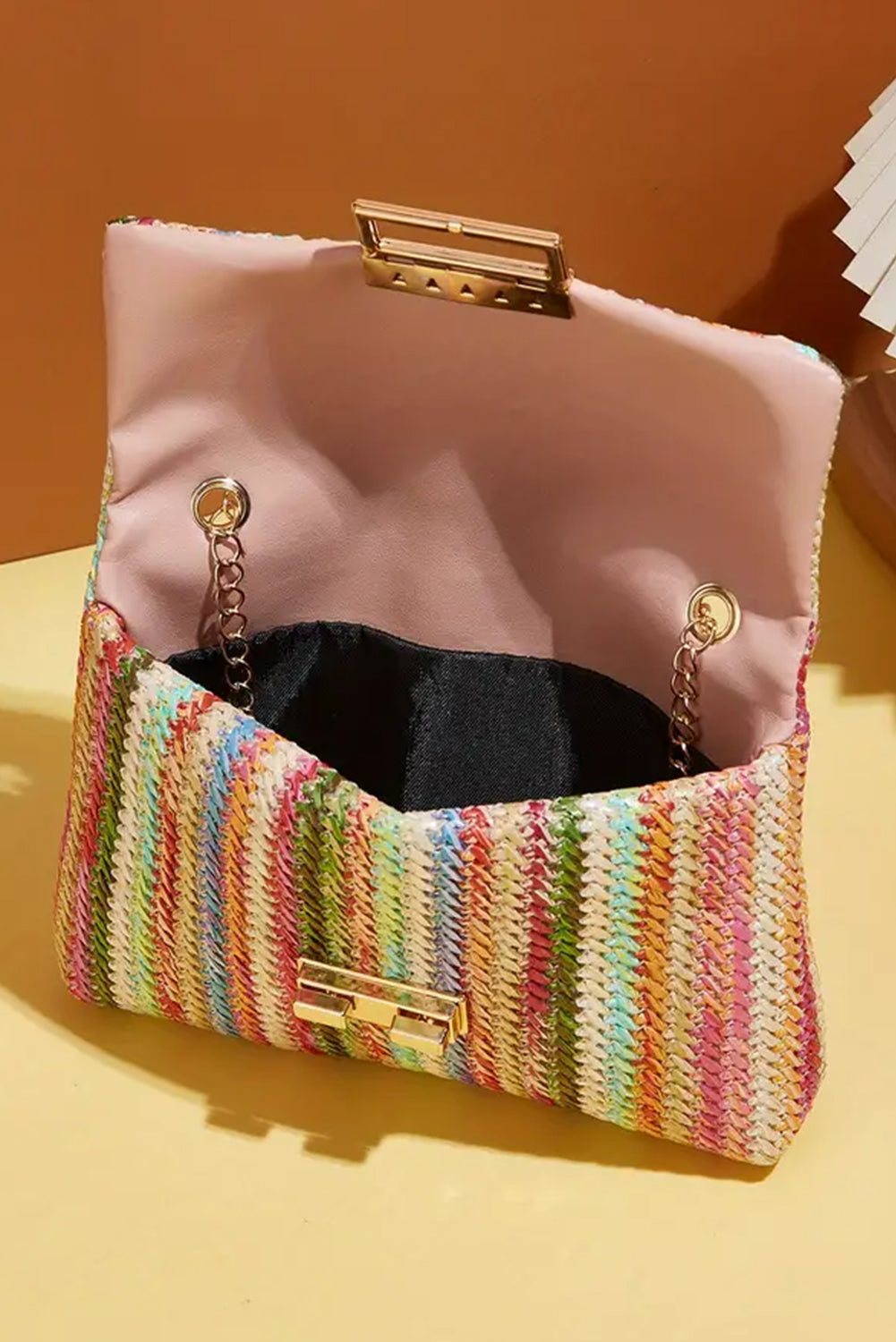 Rainbow Stripe Bohemian Woven Gold Chain Shoulder Bag
