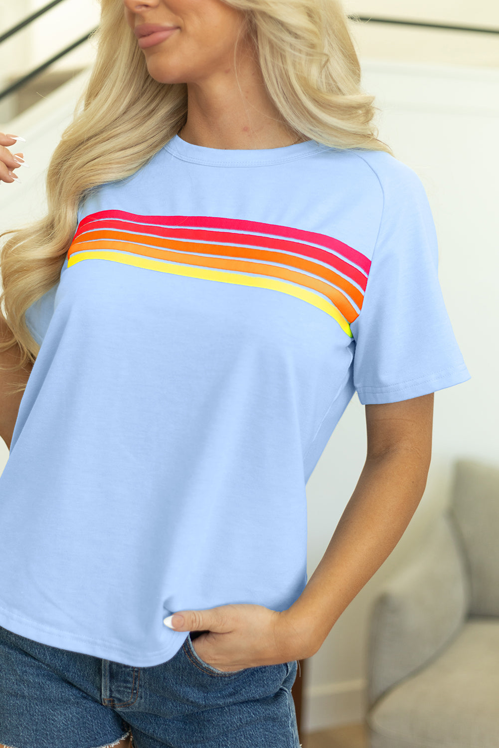 Light Blue Striped Front Casual Tee
