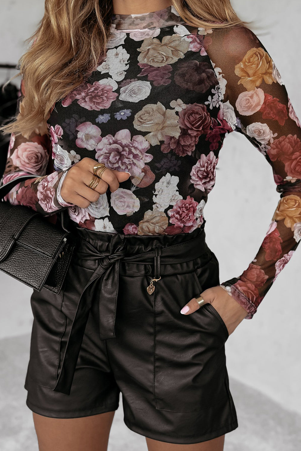 Black Floral Mesh Mock Neck Long Sleeve Top
