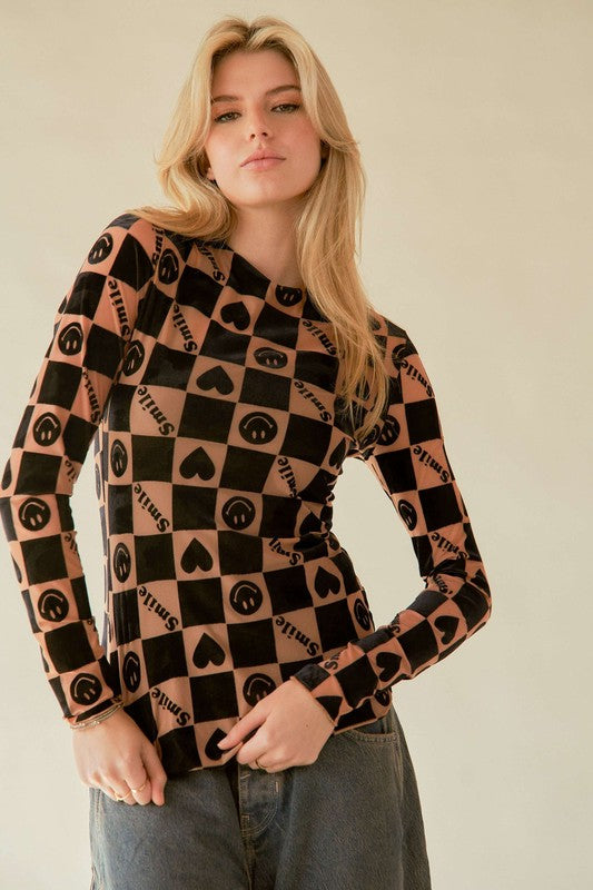 Brown Checkered Heart Print Long Sleeve Top