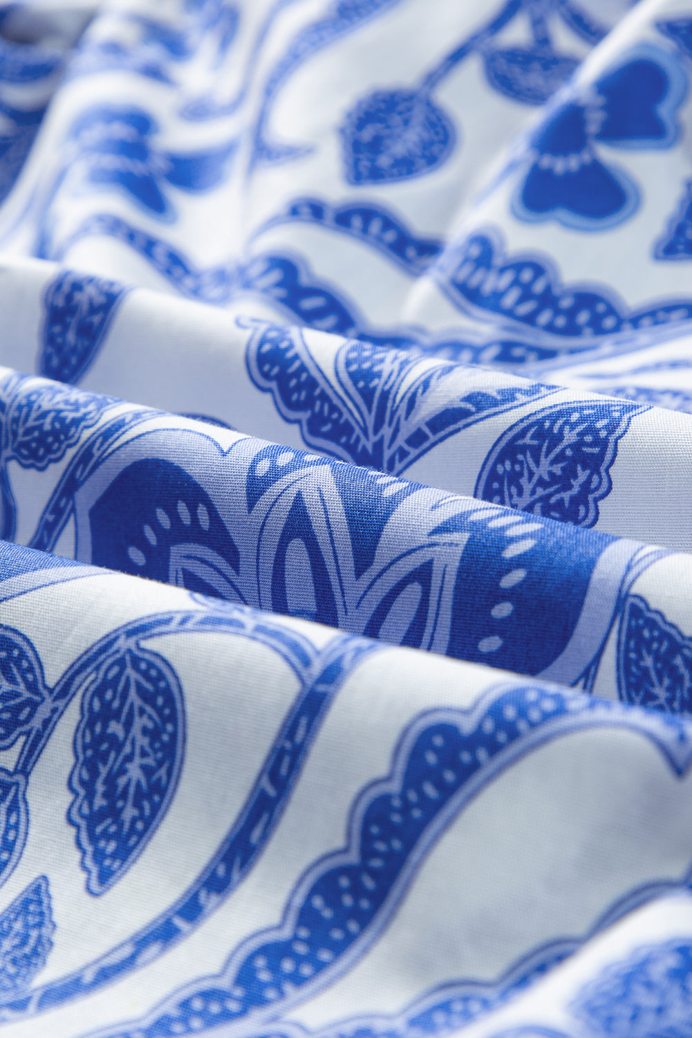 Blue Floral Ruffled Bubble Sleeve Blouse