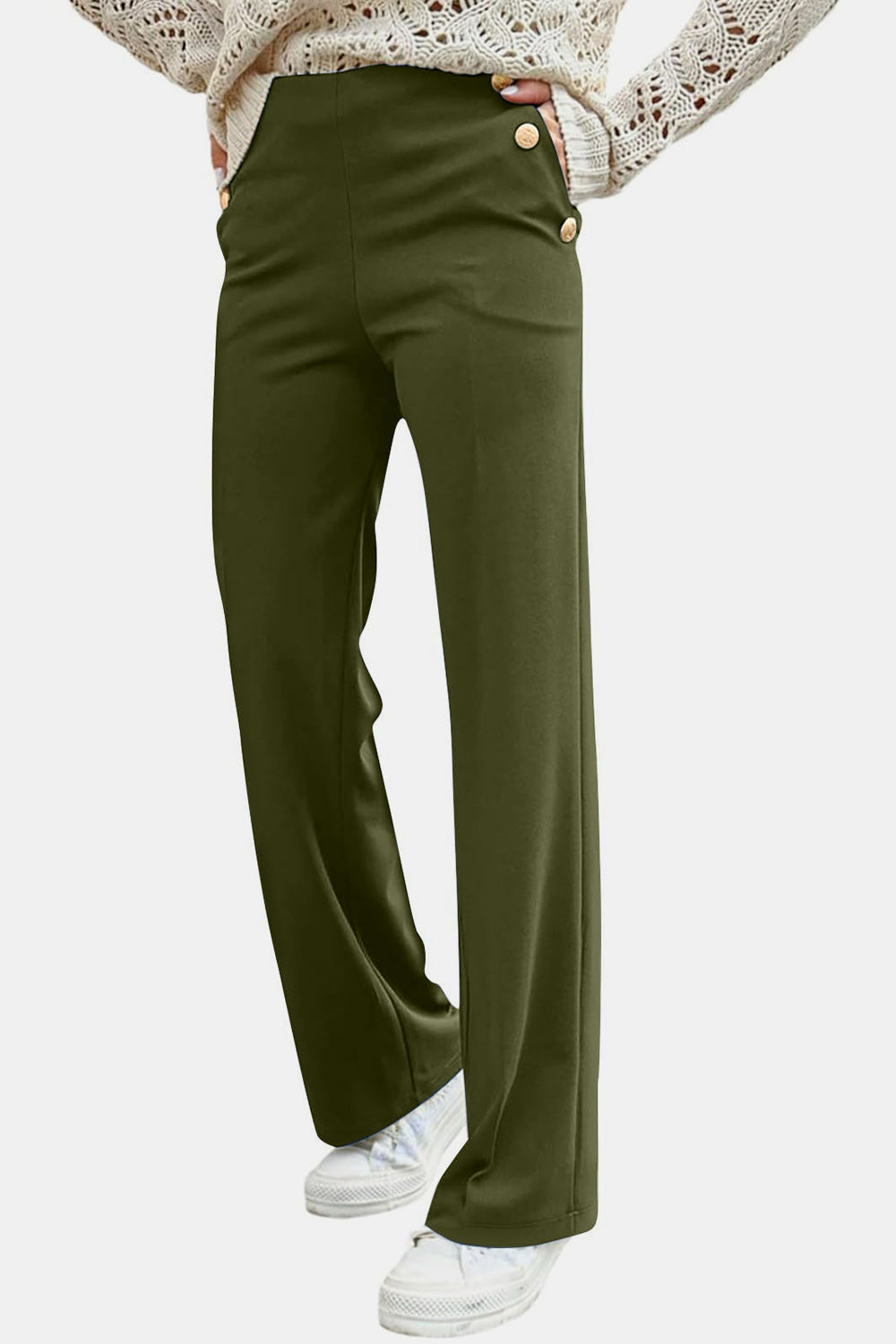 Decorative Side Button High Rise Pants