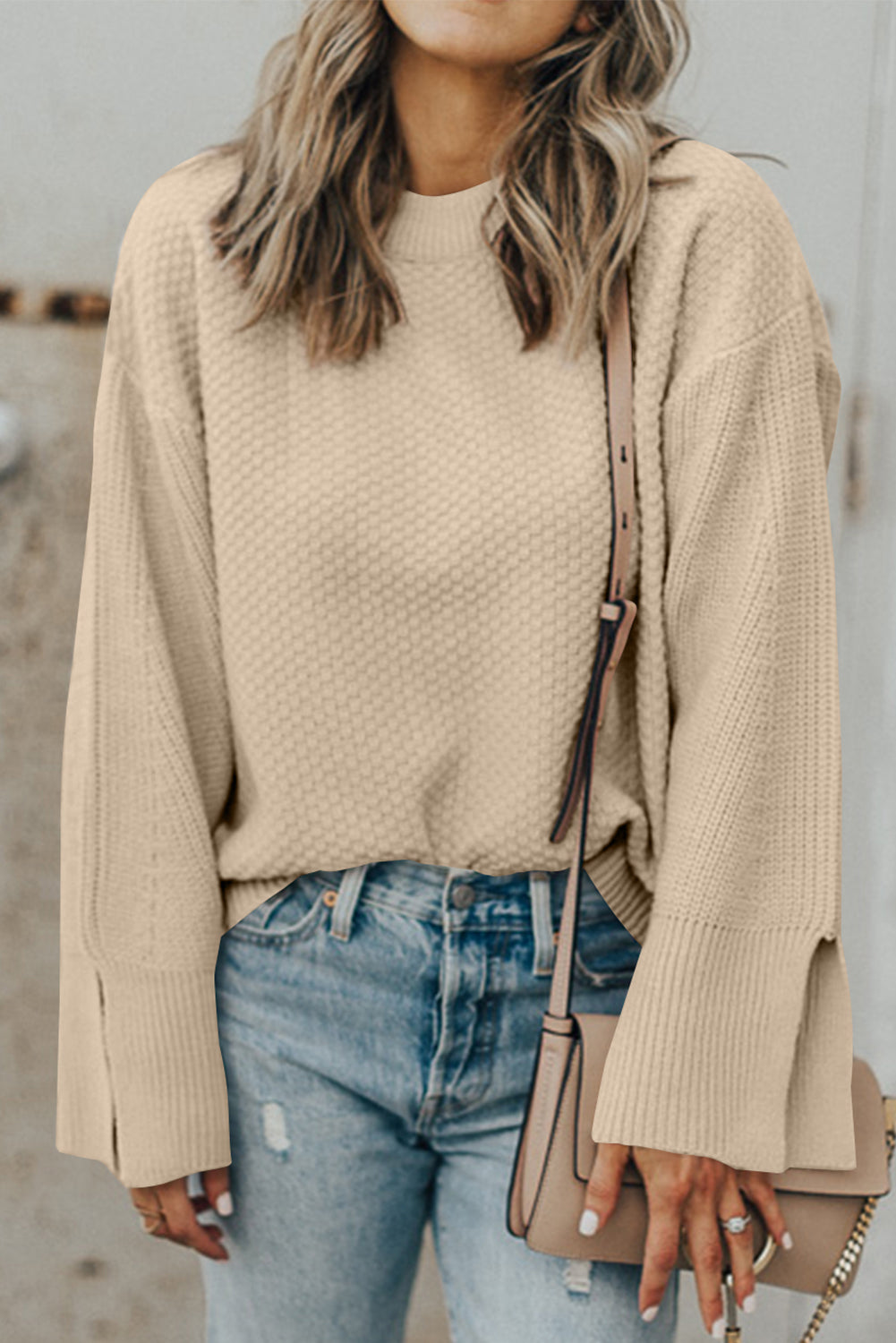Parchment Textured Knit Split Cuff Drop Shoulder Loose Sweater