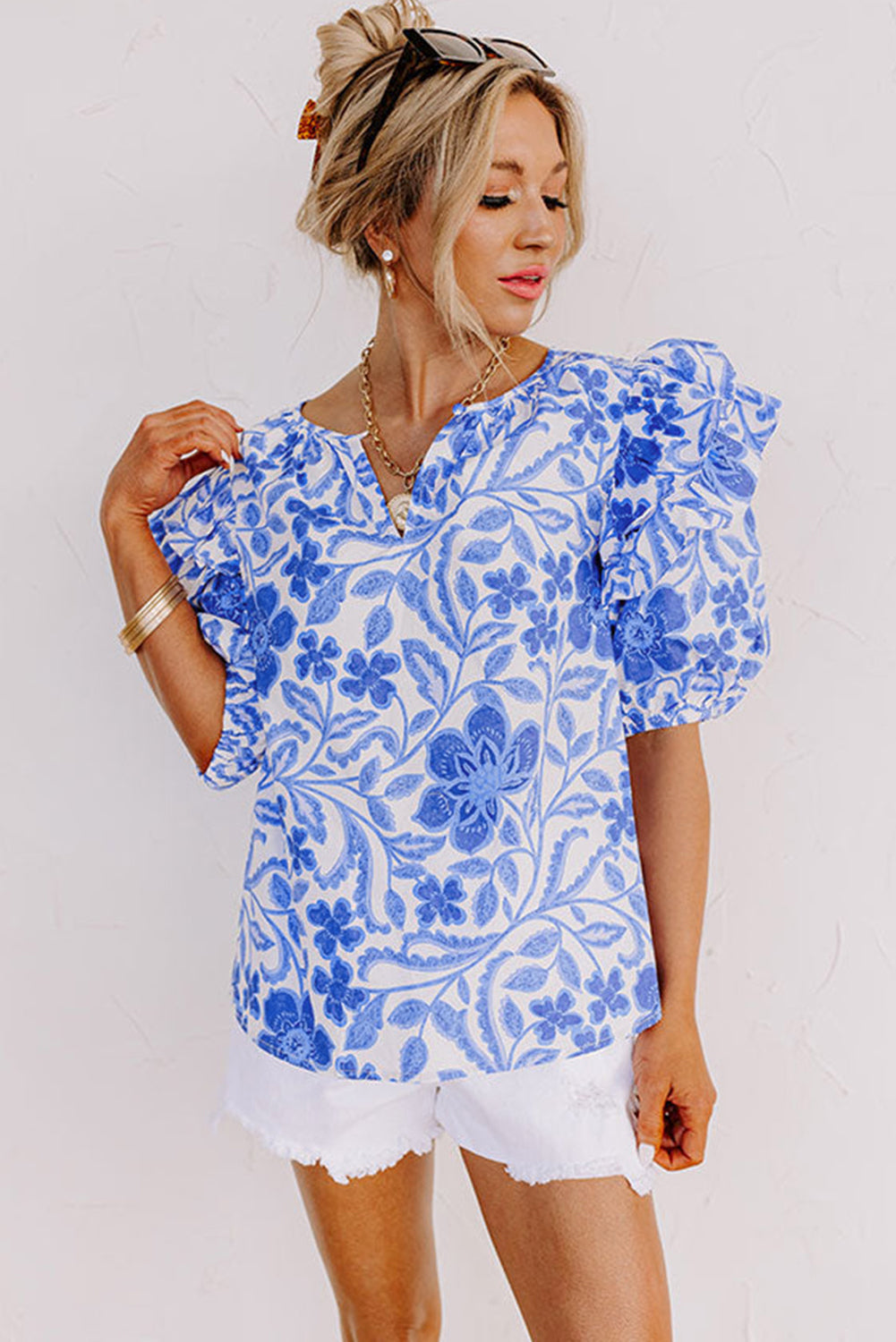 Blue Floral Ruffled Bubble Sleeve Blouse