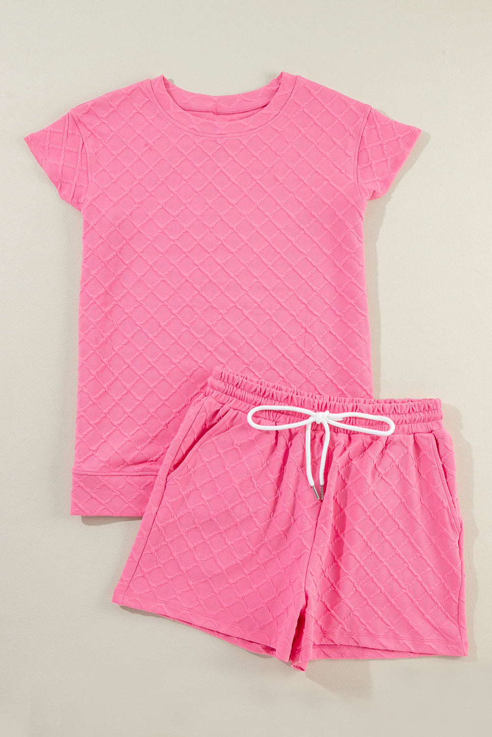 Pink Textured Tee and Drawstring Shorts Set