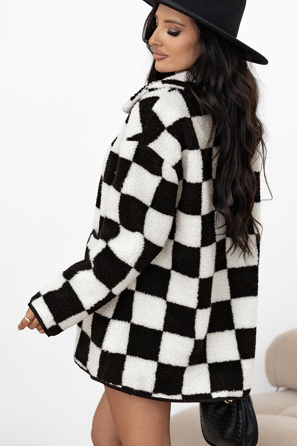 B&W Checkered Button Up Fleece Jacket