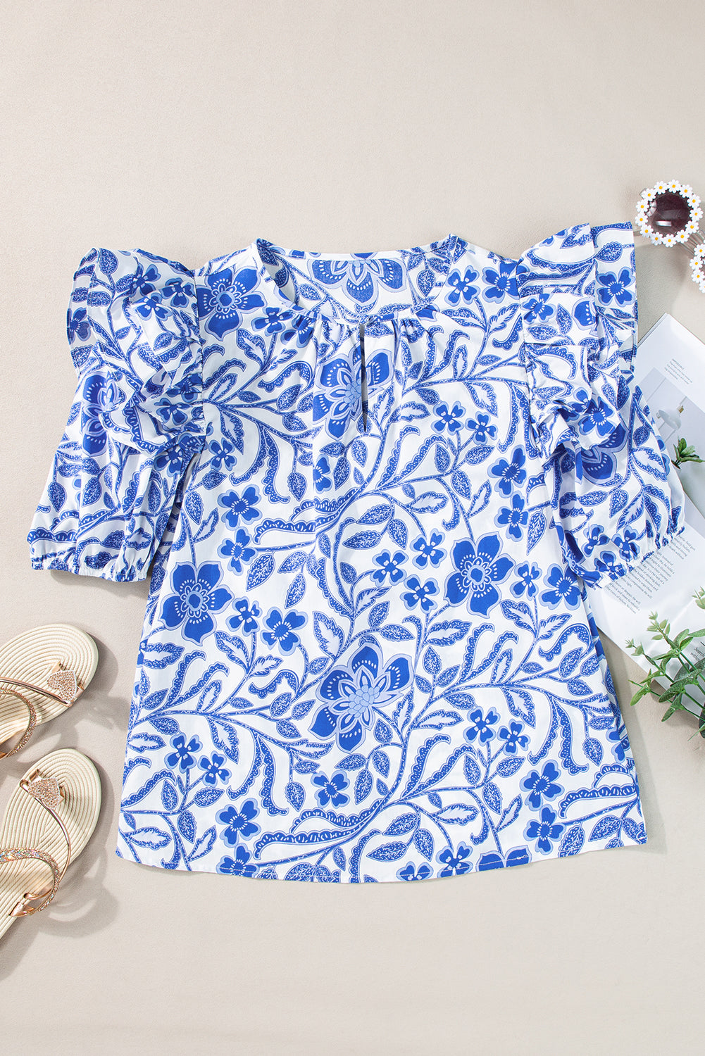 Blue Floral Ruffled Bubble Sleeve Blouse