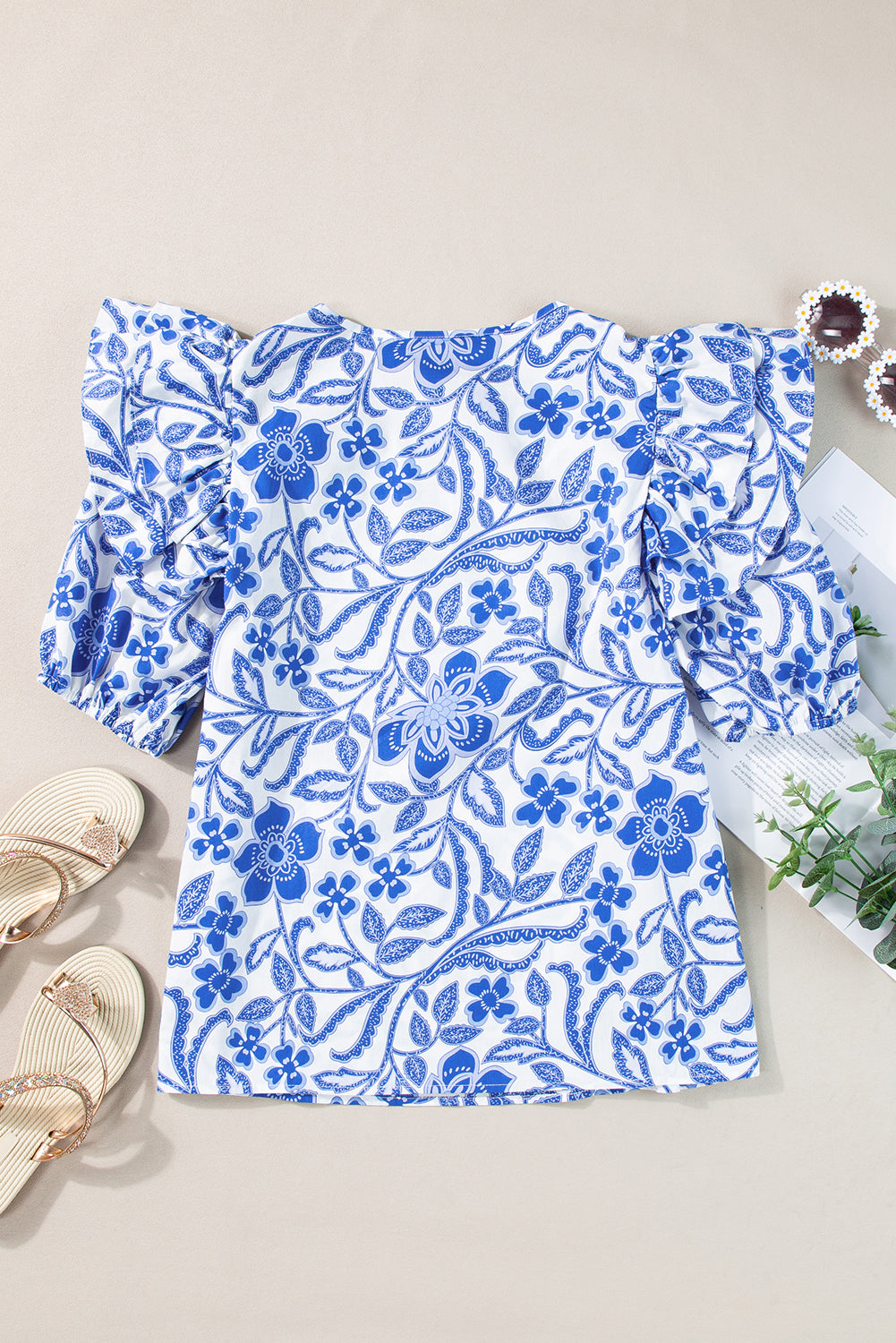 Blue Floral Ruffled Bubble Sleeve Blouse