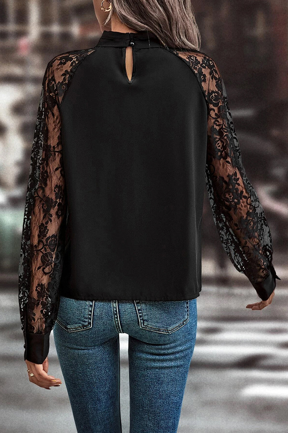 Black Lace Raglan Sleeve Blouse