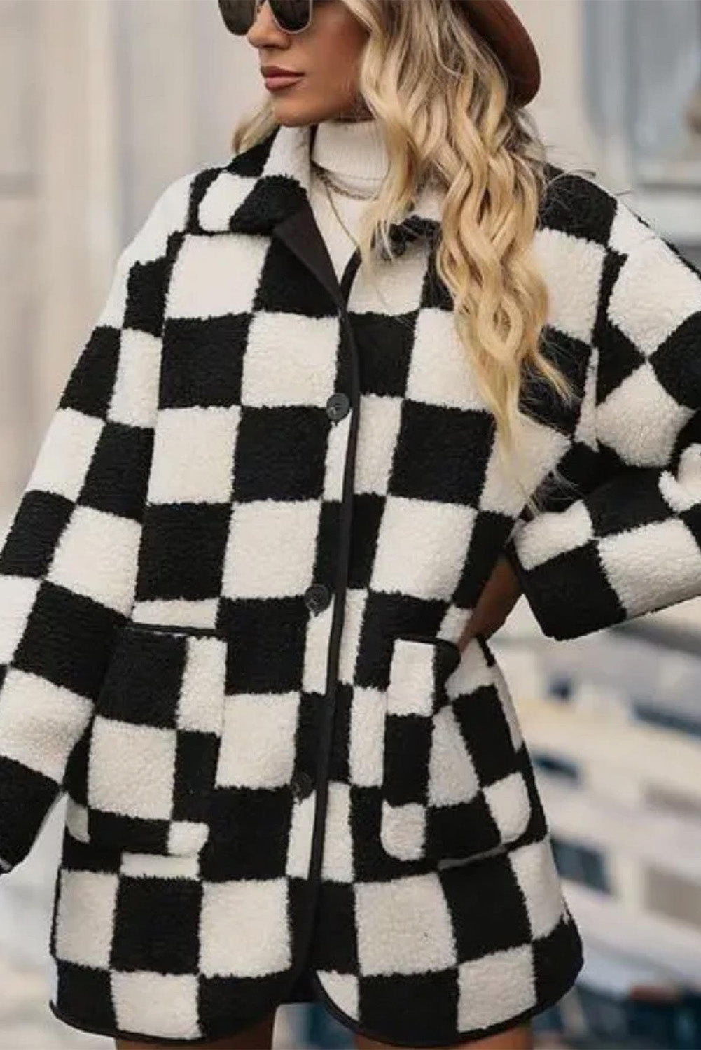 B&W Checkered Button Up Fleece Jacket