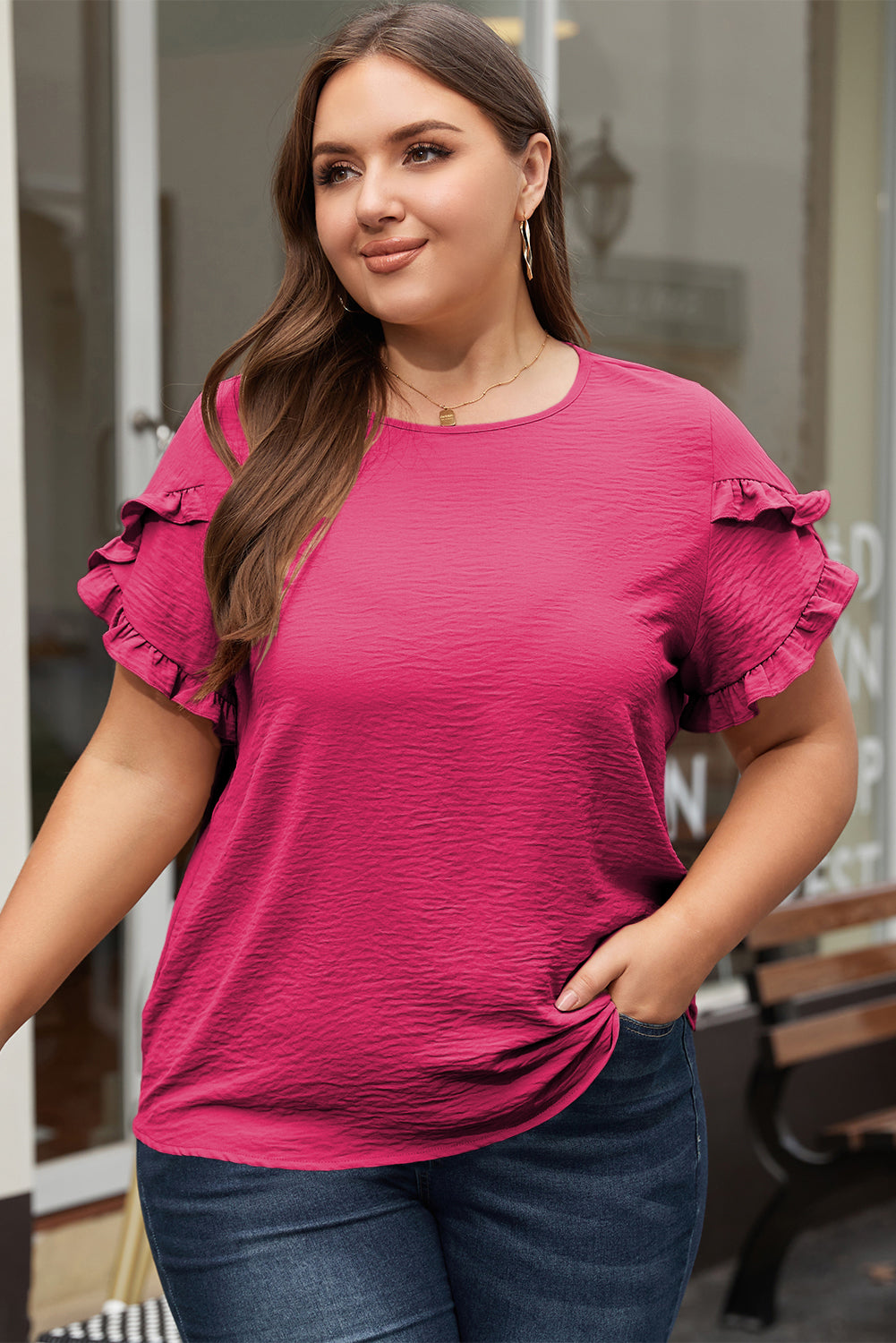 Bright Pink Ruffled Short Sleeve Top