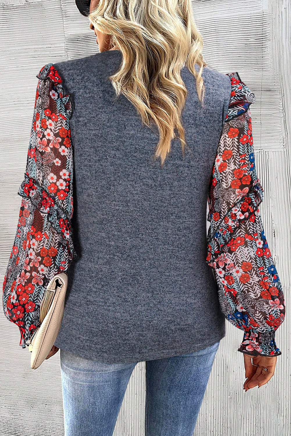 Blue Ruffle Tiered Floral Sleeve Crew Neck Top