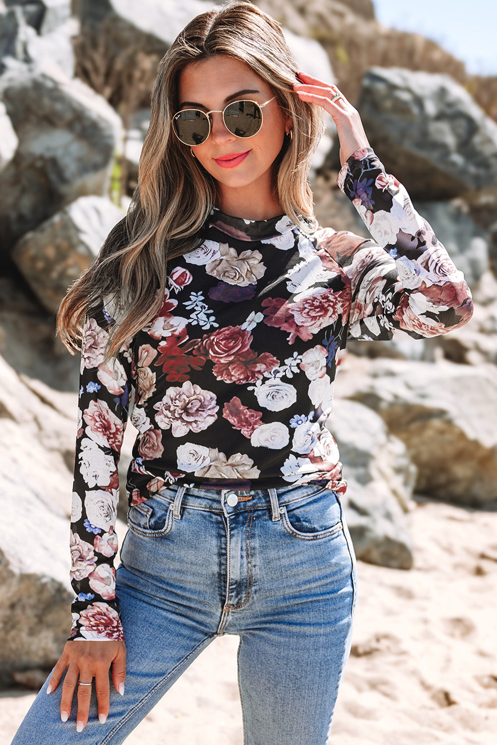 Black Floral Mesh Mock Neck Long Sleeve Top