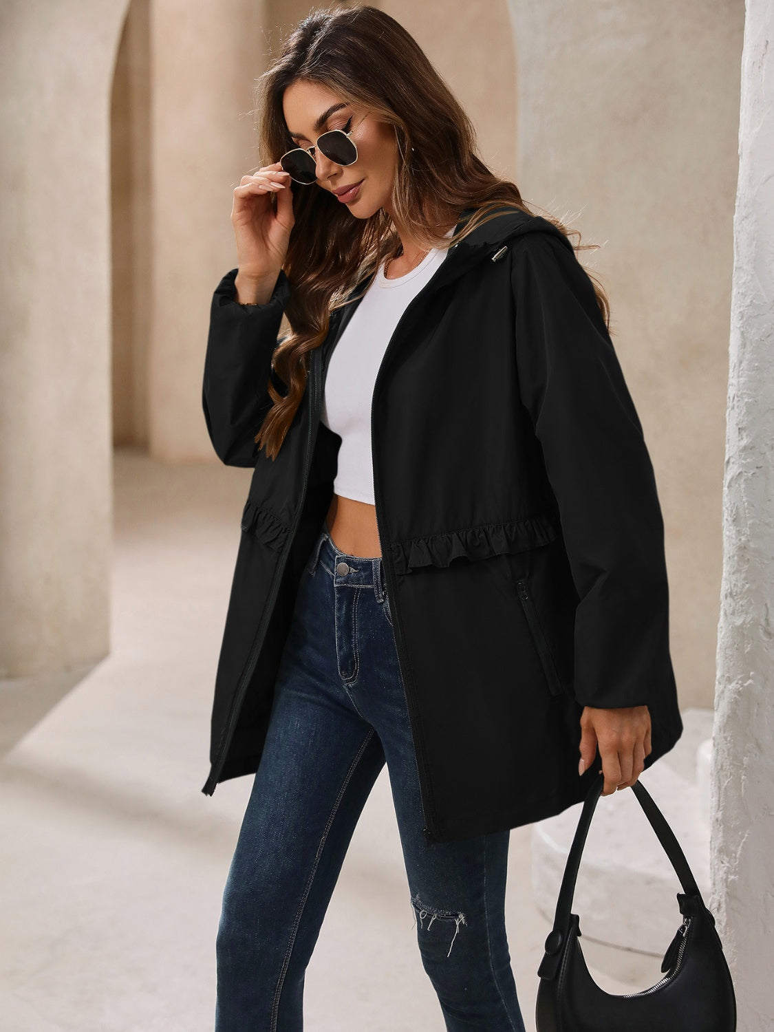 Waterproof Gathered Waist Hooded Jacket