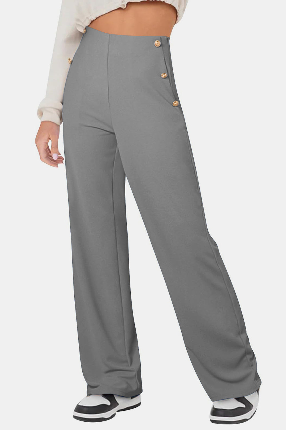 Decorative Side Button High Rise Pants