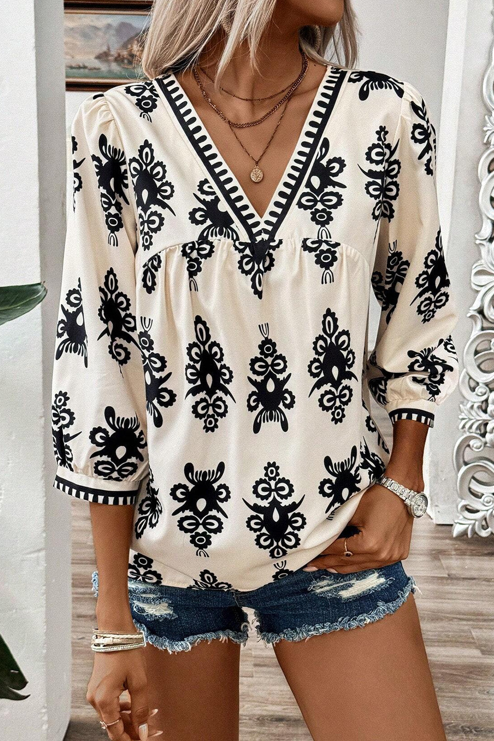 Beige Vintage Geo 3/4 Sleeve V Neck Blouse