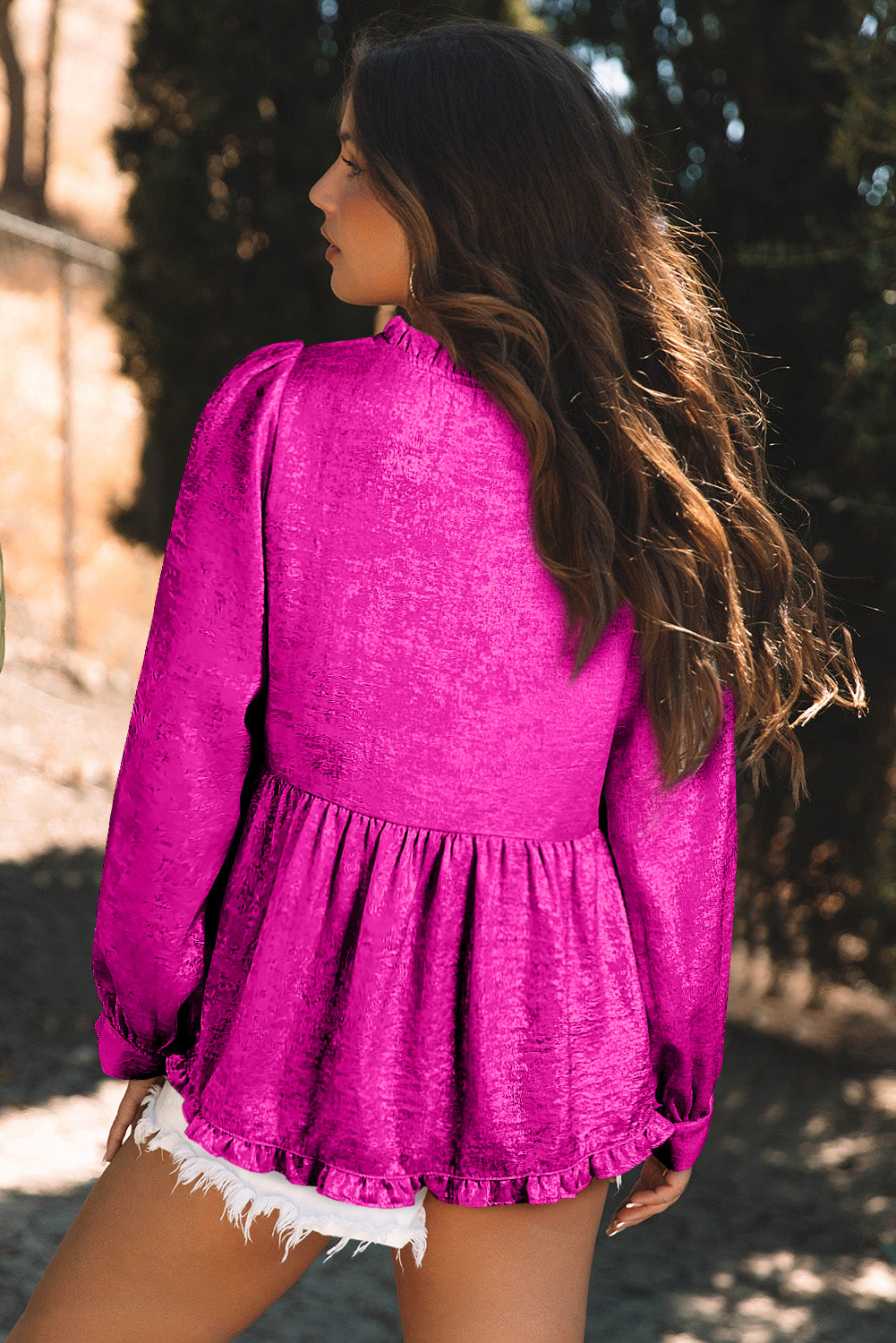 Magenta Metallic Frilled V Neck Blouse