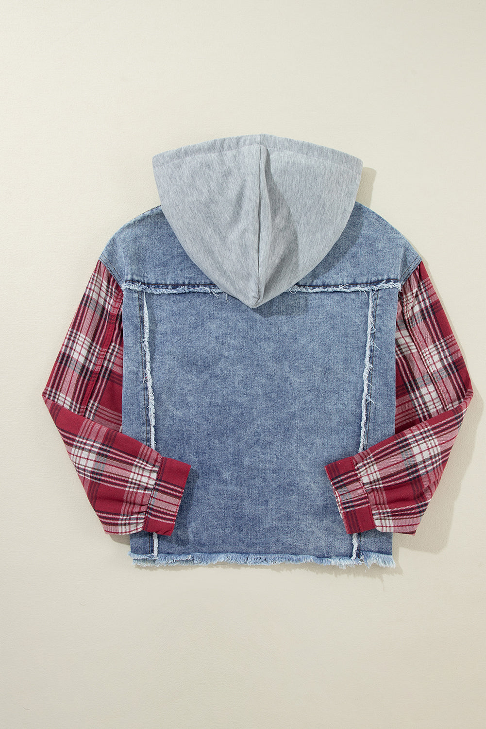 Blue Denim with Red Plaid Patchwork Hooded Raw Hem Jacket