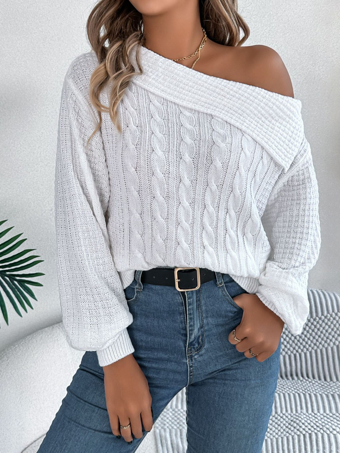 Cable-Knit Off Shoulder Long Sleeve Sweater