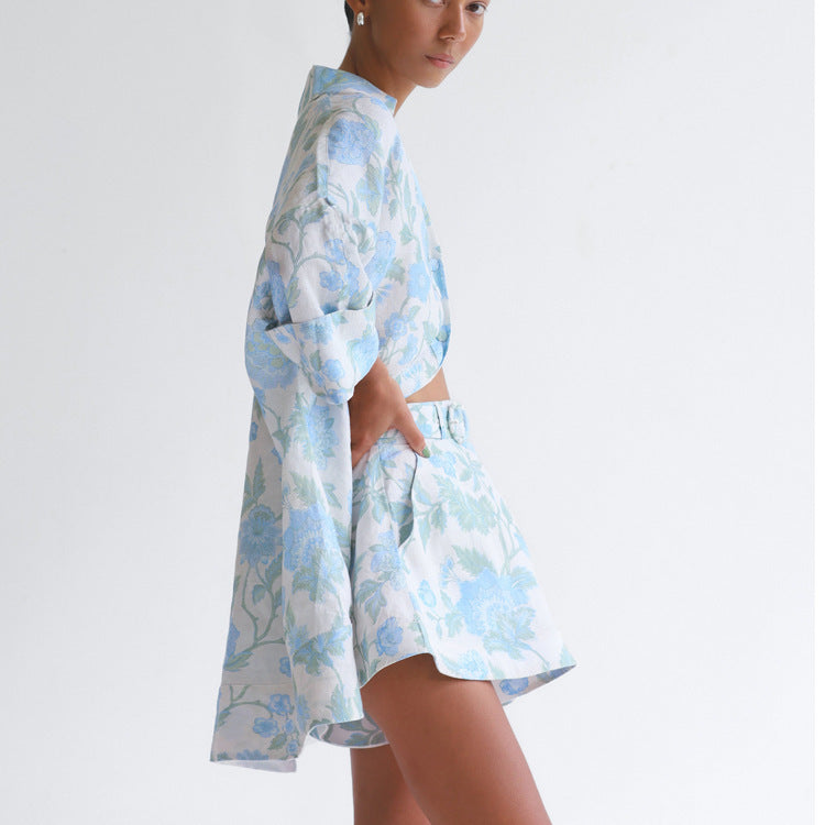 Blue Flower Loose Long Shirt Dress with Wide Leg Belted Shorts Set