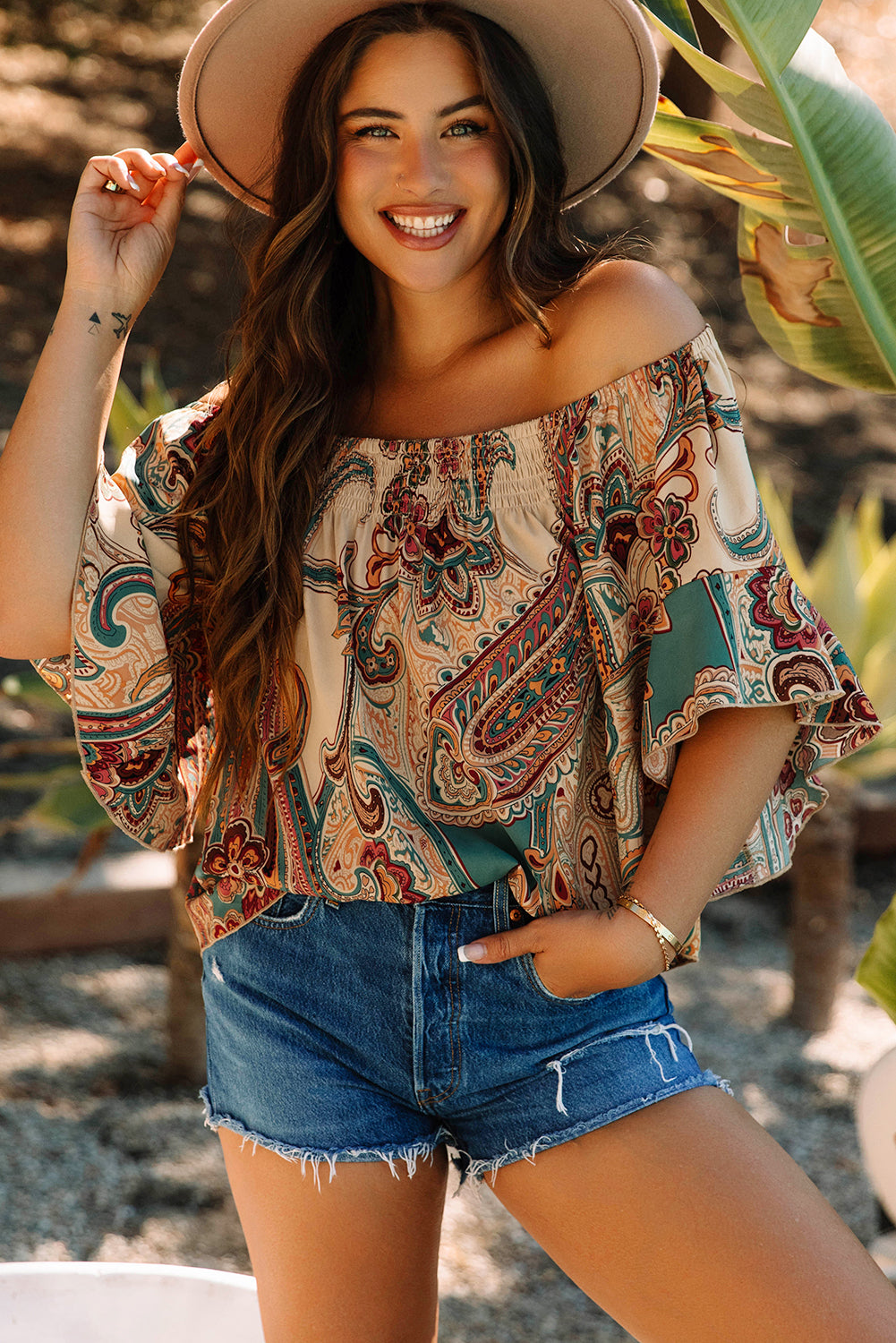 Apricot Paisley Off Shoulder Ruffled Blouse