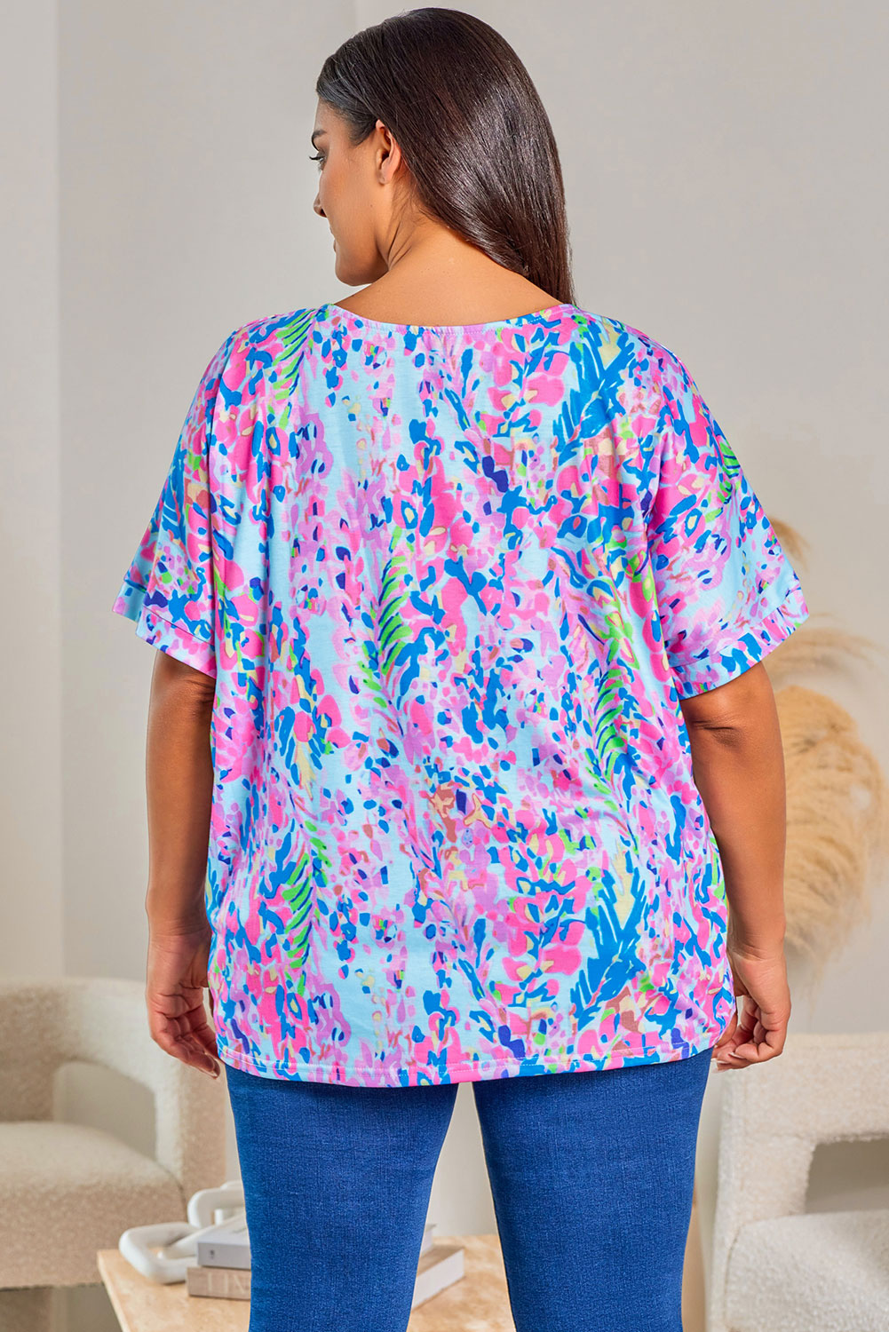Multicolor Printed 3/4 Sleeve Split Neck Plus Size Tunic Top