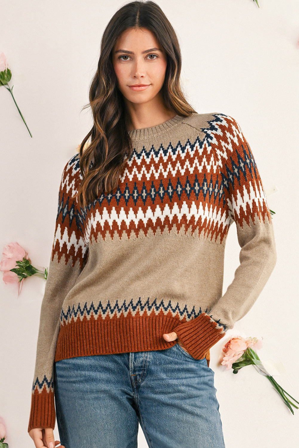 Khaki Geo Print Color Block Crew Neck Sweater