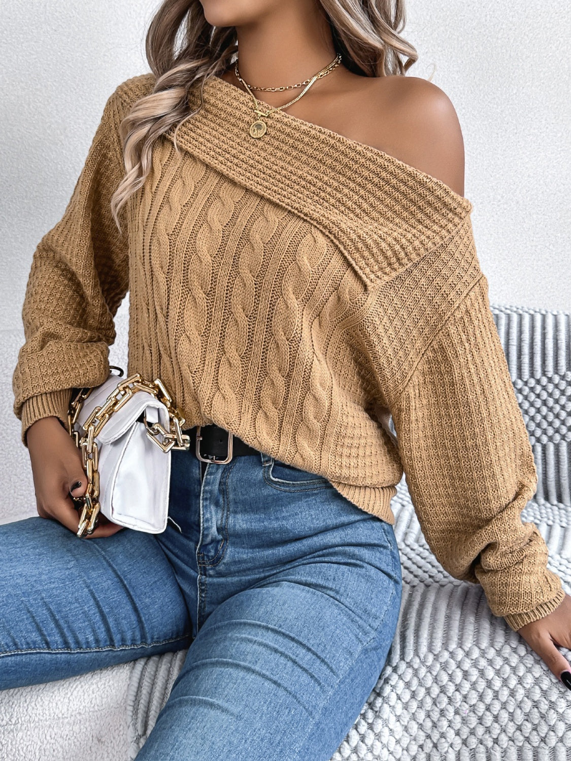 Cable-Knit Off Shoulder Long Sleeve Sweater