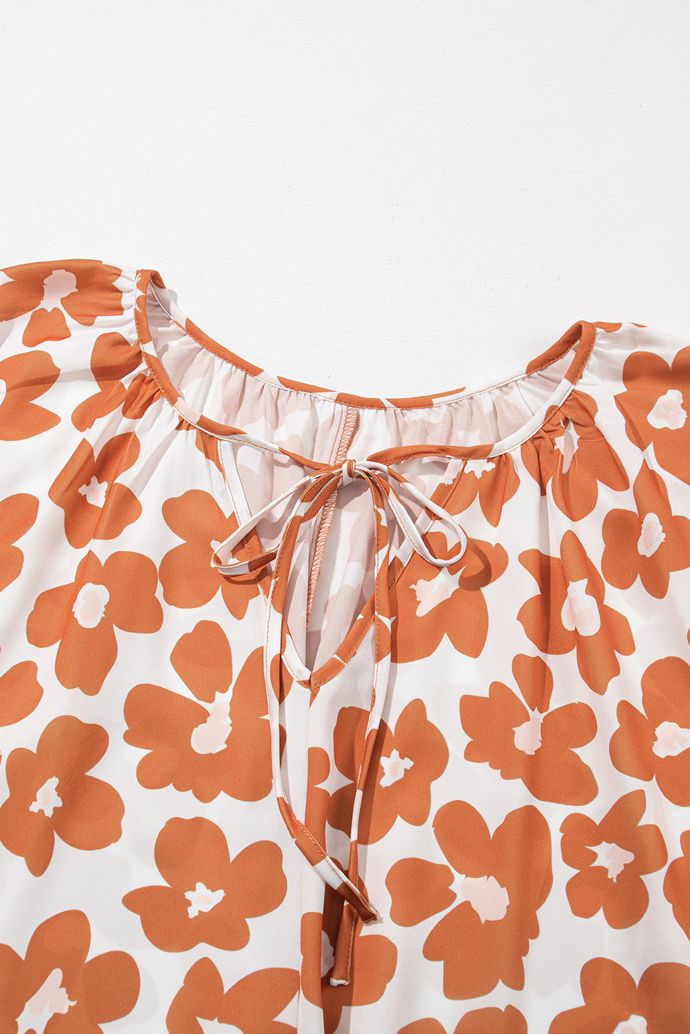 Orange Big Flower V Neck Short Sleeve Blouse