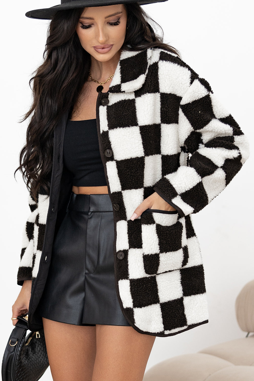 B&W Checkered Button Up Fleece Jacket
