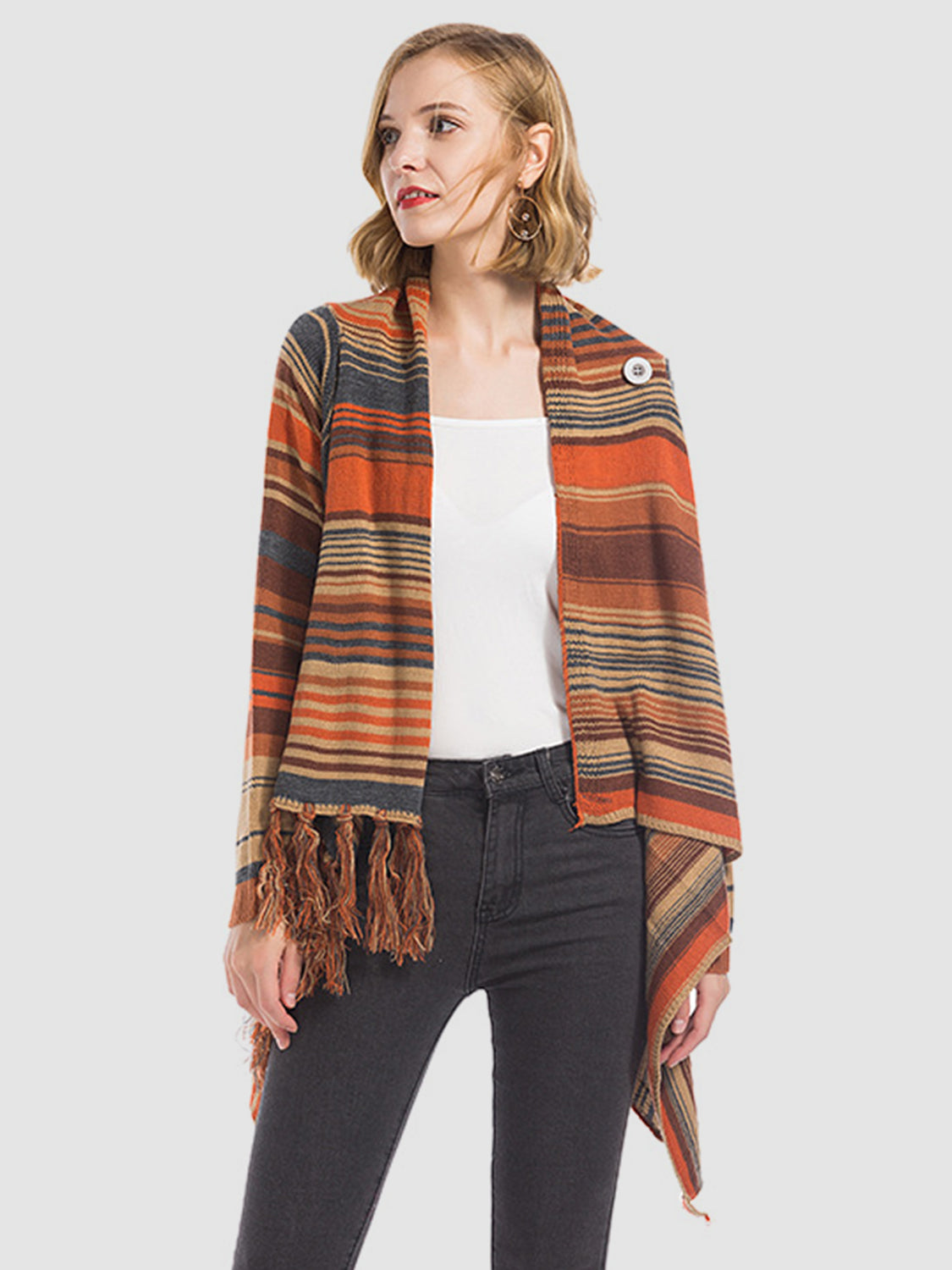 Tassel Striped Open Front Cardigan