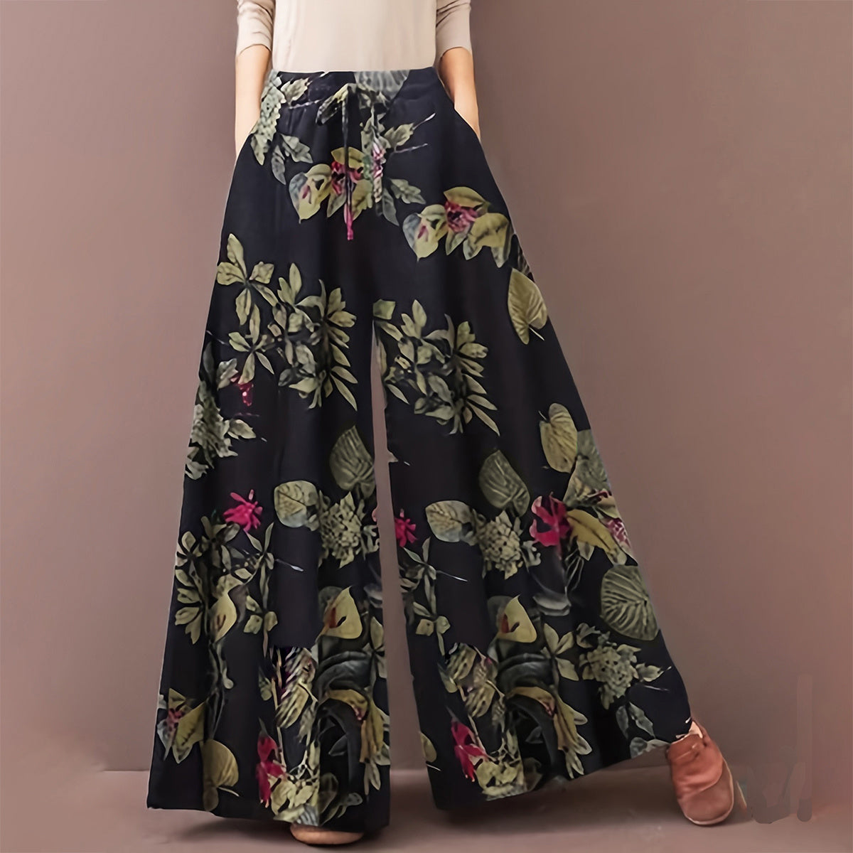Botanical Print Loose Wide Leg Pants