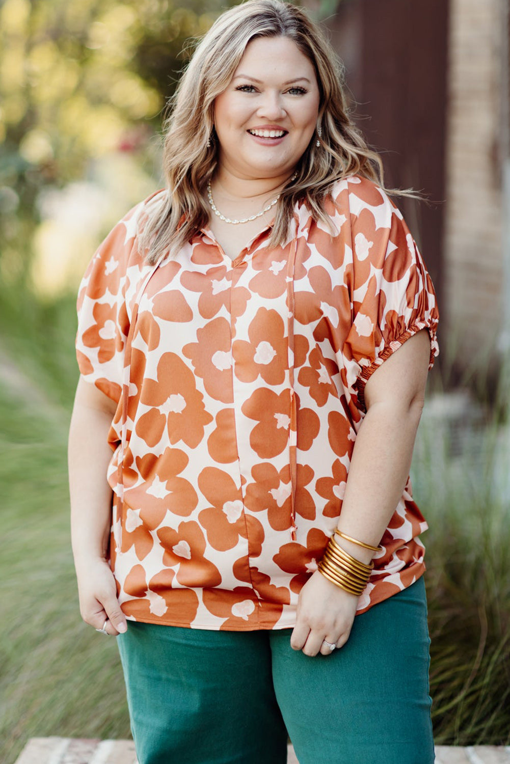 Orange Big Flower V Neck Short Sleeve Blouse