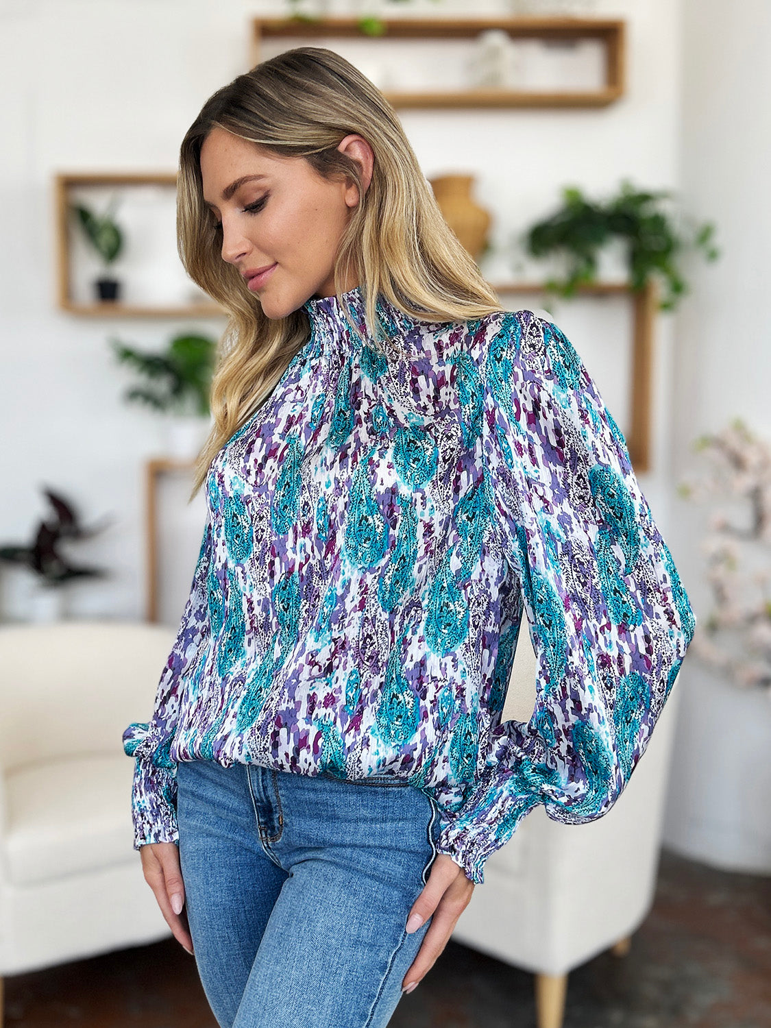 Abstract Smocked High Neck Long Sleeve Blouse