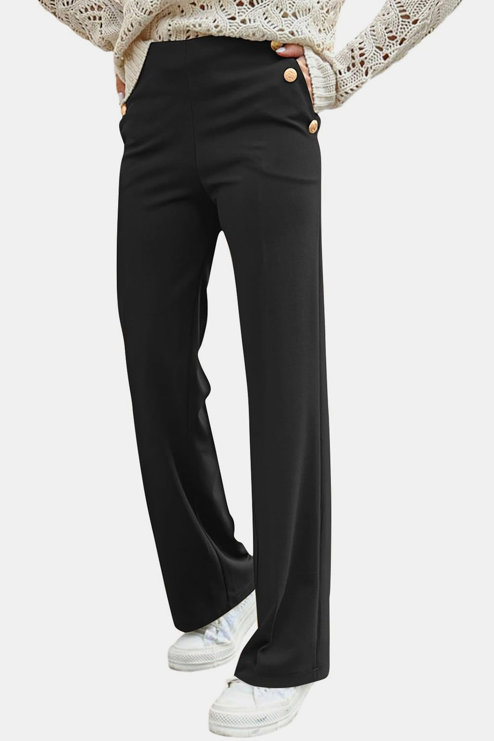 Decorative Side Button High Rise Pants