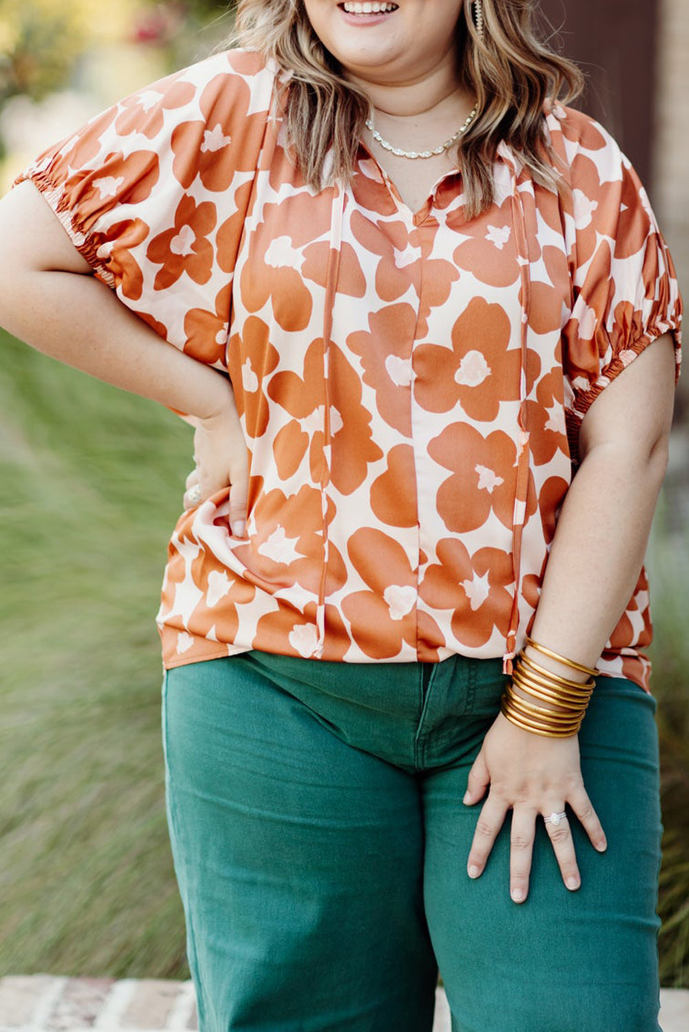 Orange Big Flower V Neck Short Sleeve Blouse