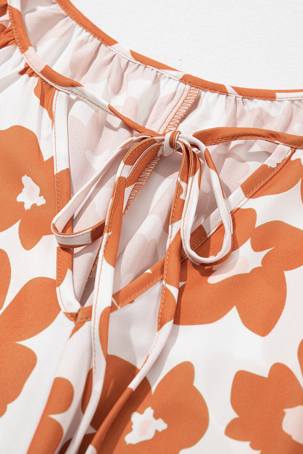 Orange Big Flower V Neck Short Sleeve Blouse