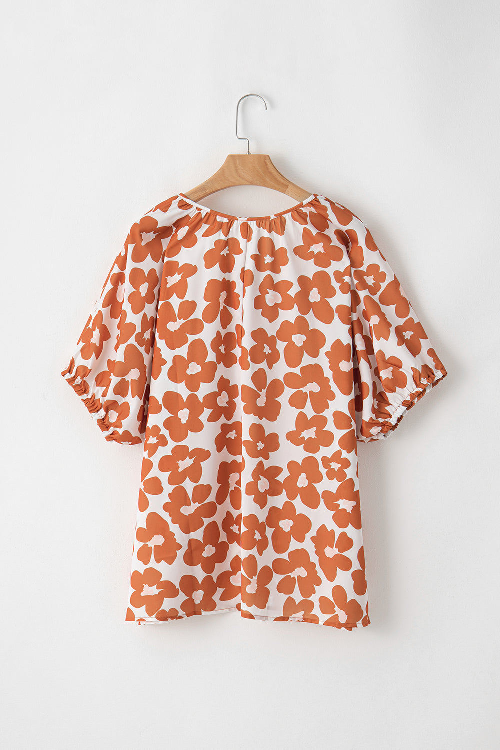 Orange Big Flower V Neck Short Sleeve Blouse