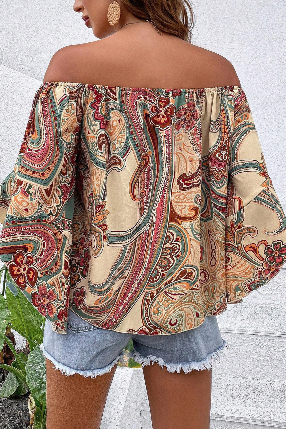 Apricot Paisley Off Shoulder Ruffled Blouse