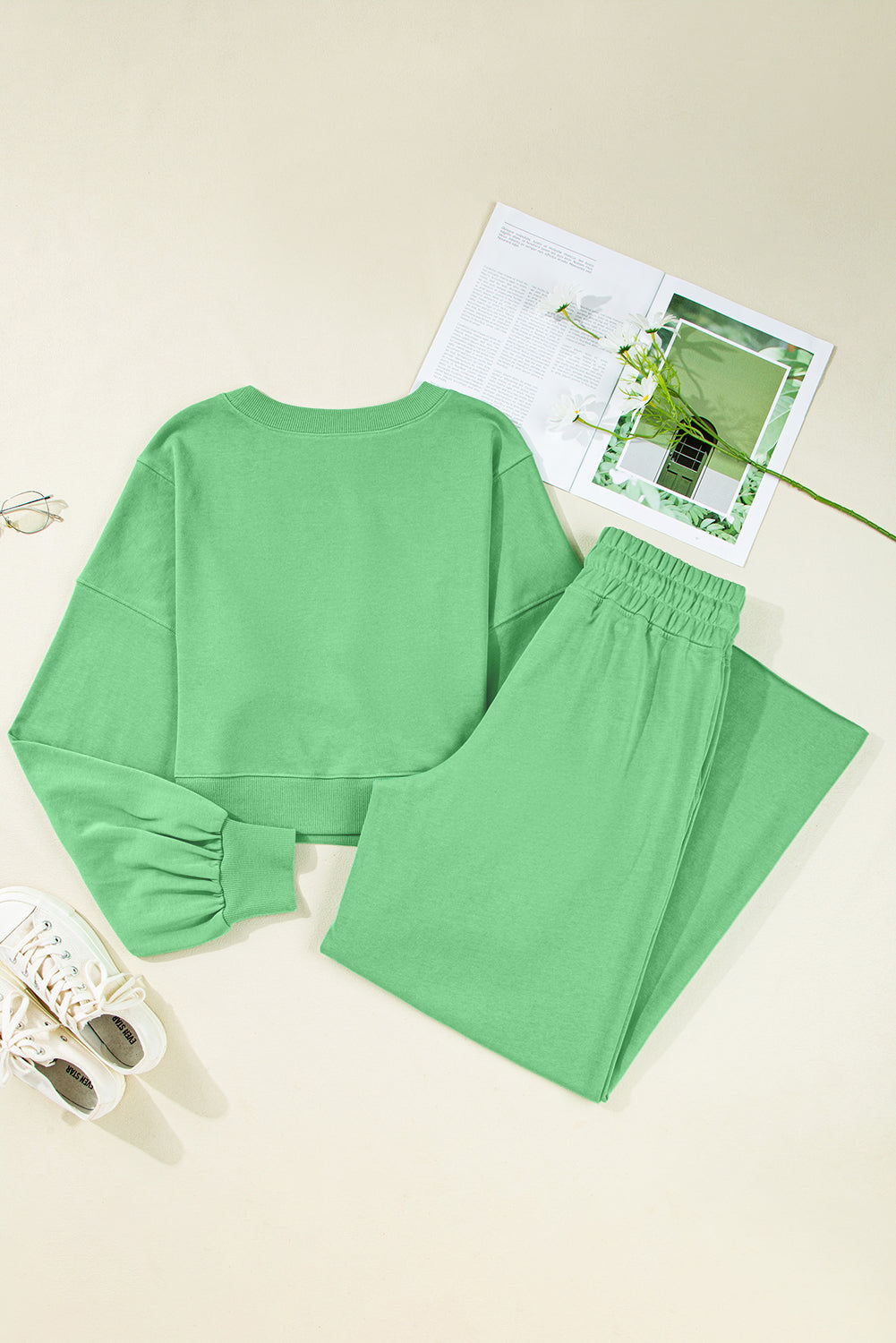 Bright Green Crop Pullover Wide Leg Pants Set