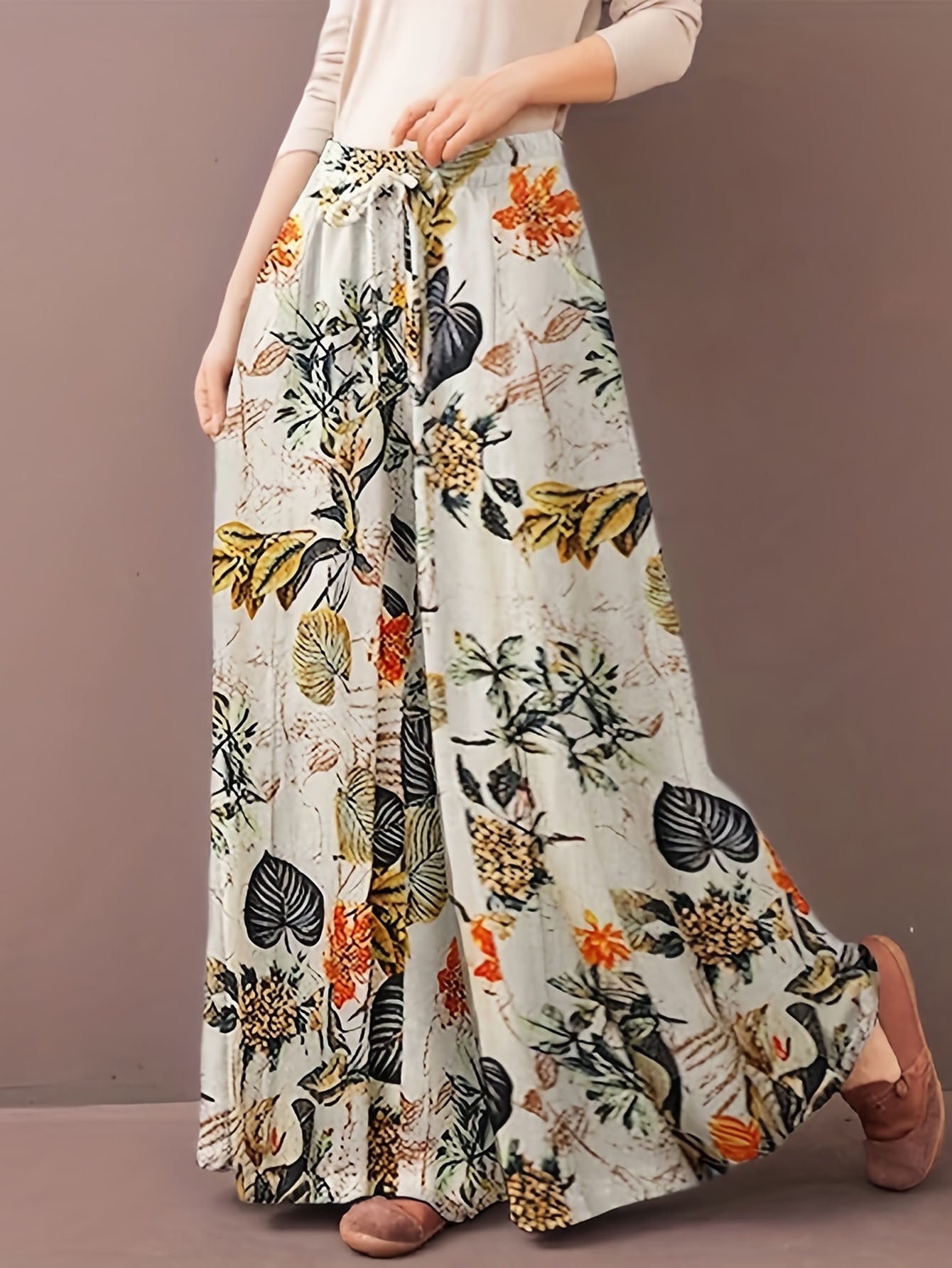 Botanical Print Loose Wide Leg Pants