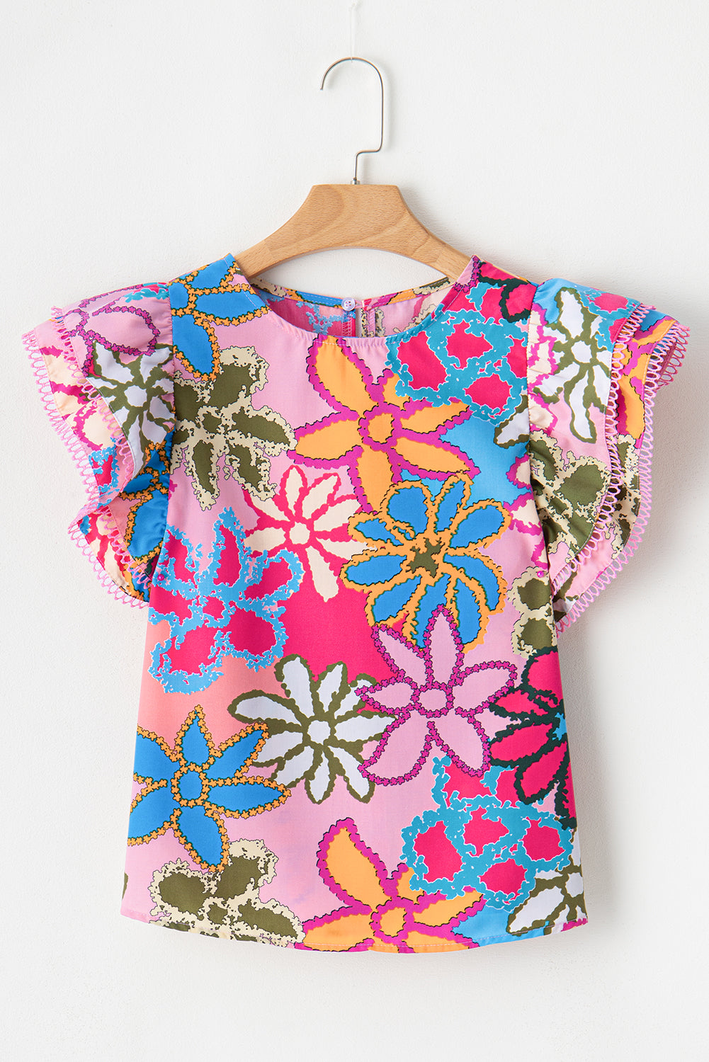 Vibrant Floral Print Trimmed Ruffle Sleeve Blouse