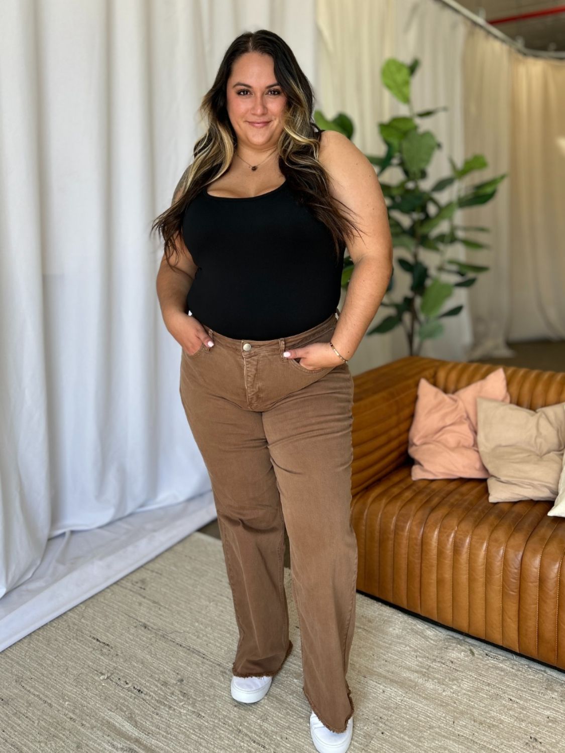 Brown Plus Size High Rise Wide Leg Jeans