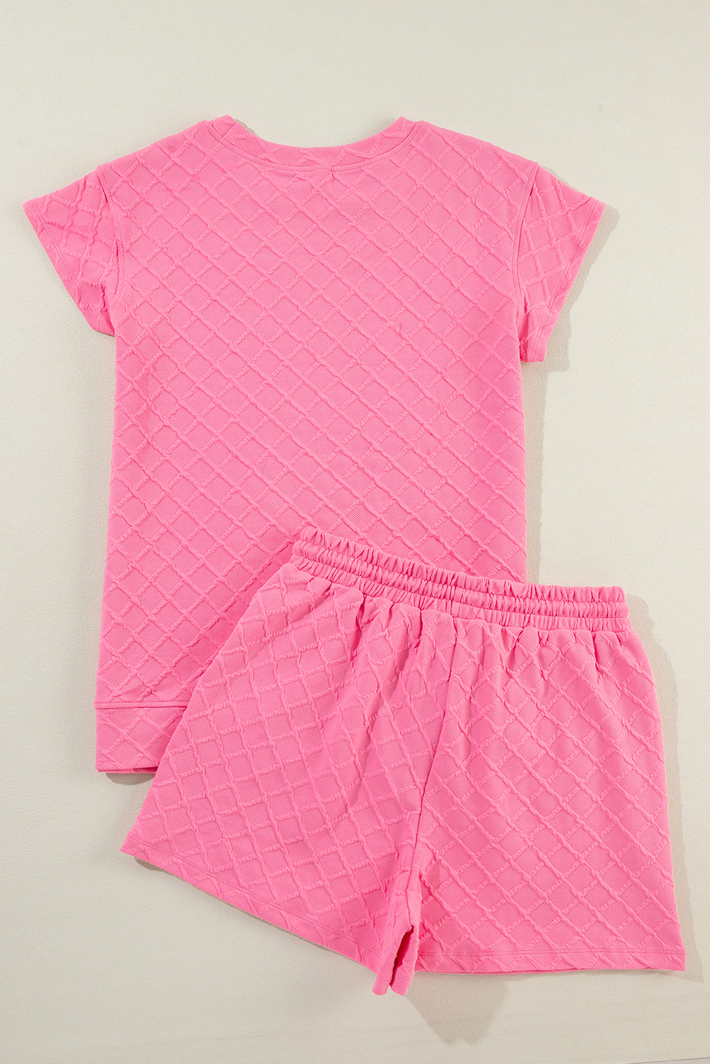 Pink Textured Tee and Drawstring Shorts Set