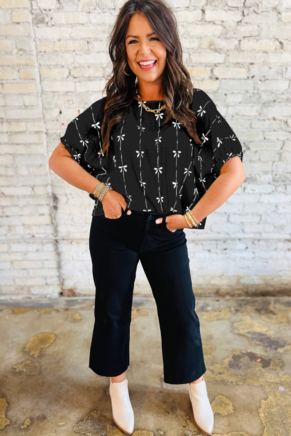 B&W Bow Print Puff Short Sleeve Top