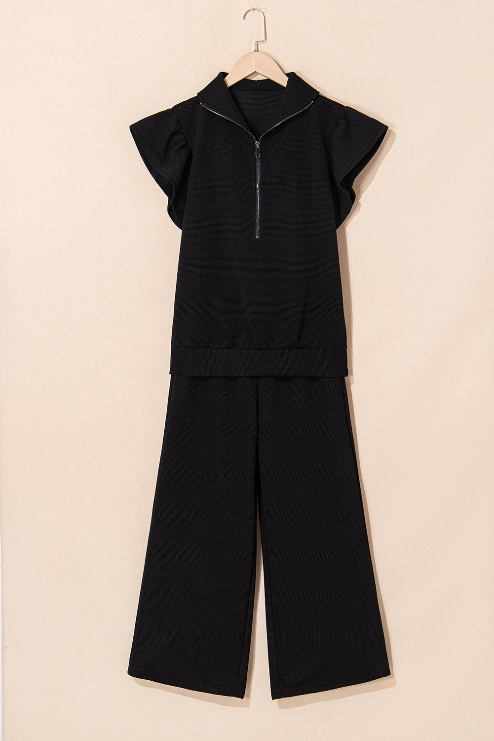 Black Textured Flutter Sleeve Zipped Top and Wide Leg Capris Set